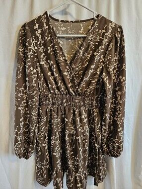 SHEIN-Women’s Brown Floral V-Neck Smocked Waist Dress SZ M
